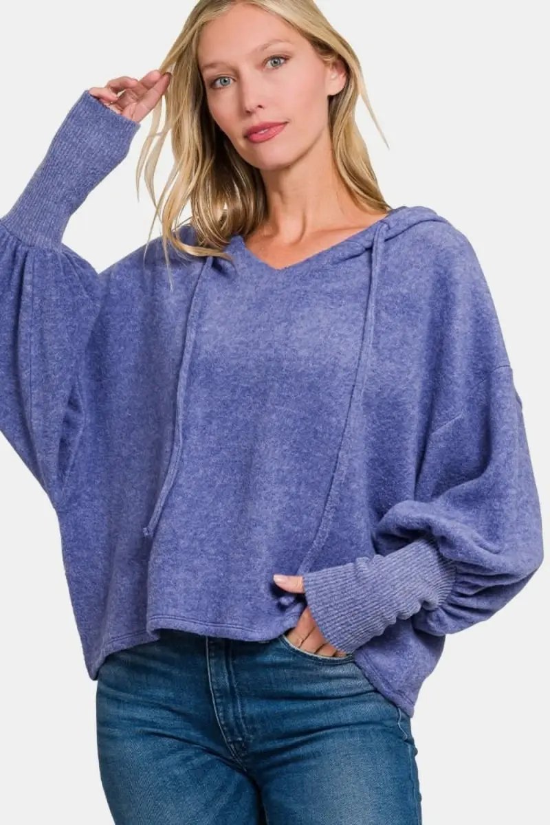 Zenana Brushed Hacci Drop Shoulder Cropped Hoodie - Love Salve